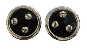 Vintage 1980s BERGERE Faux Black Leather Screw Head Button Clip Earrings